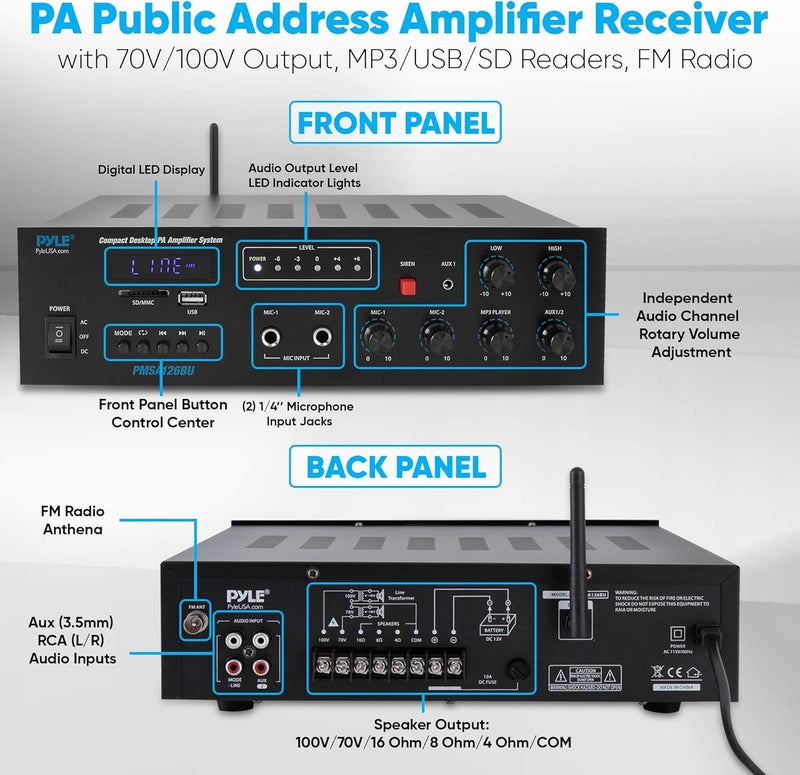 Pyle Public Address Amplifier - 500W Compact Digital Receiver w/ 70V 100V Output, Dual Mic Input, USB-A Input w/ MP3 Player, FM Radio, RCA | Home, Continuous Volume and Commercial | PMSA126BU - Image 3